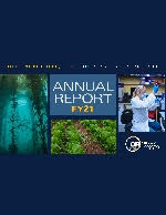 OR Annual Report FY21 cover with kelp forest, field of plants, and scientist with pipette